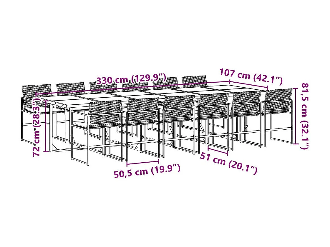 13 pcs conjunto de jantar p/jardim com almofadões vime PE preto