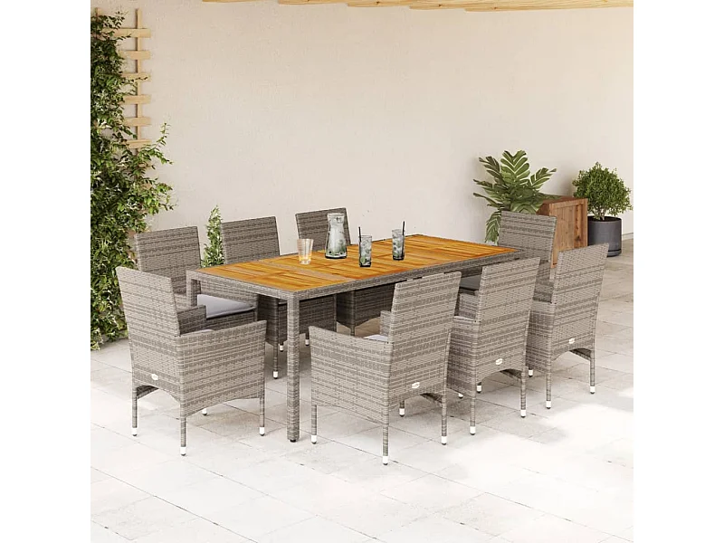 Set de comedor jardín 9 pzas con cojines ratán PE acacia gris