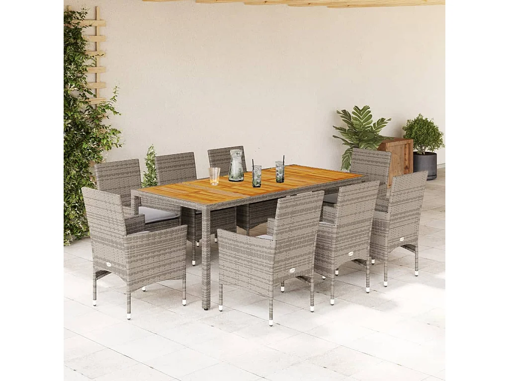 9-delige Tuinset met kussens poly rattan en acaciahout grijs