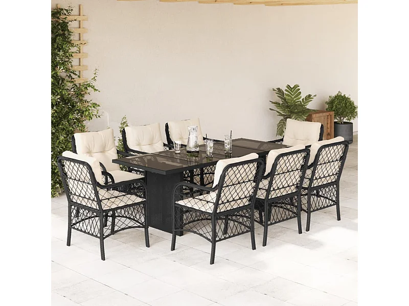 Set da Pranzo da Giardino 9 pz con Cuscini Nero in Polyrattan