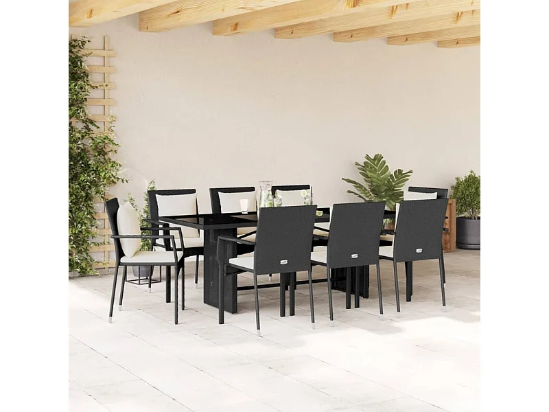 Set de comedor de jardín 9 pzas y cojines ratán sintético negro
