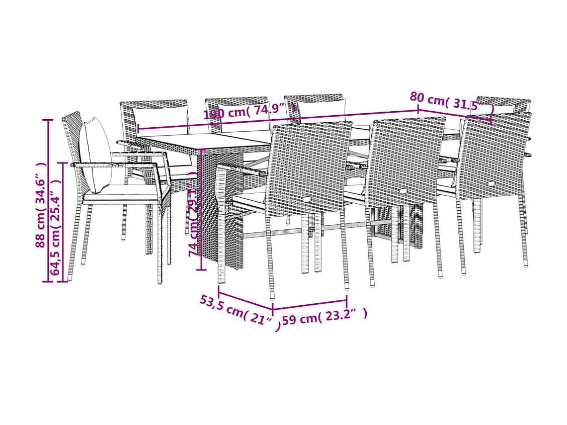 Ensemble à manger de jardin 9pcs coussins noir résine tressée