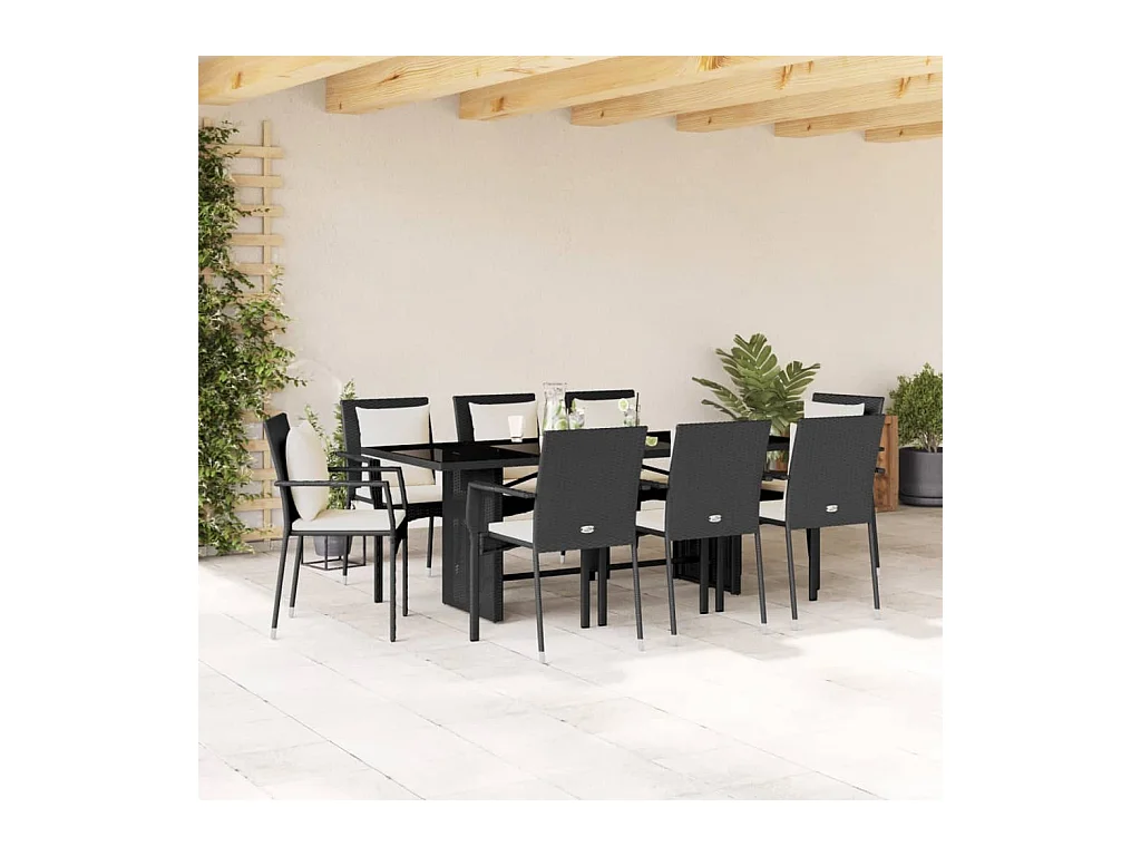 Set de comedor de jardín 9 pzas y cojines ratán sintético negro