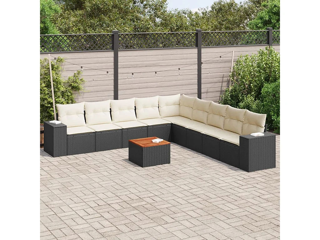 10-delige Loungeset met kussens poly rattan zwart