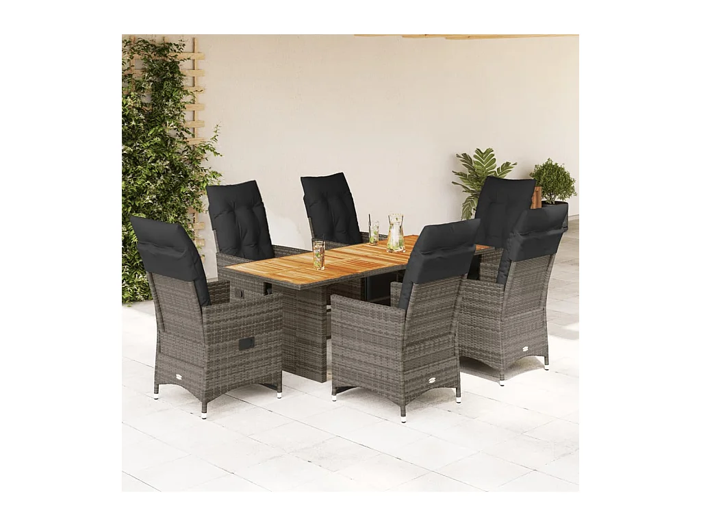 7 pcs conjunto bistrô de jardim c/ almofadões vime PE cinza