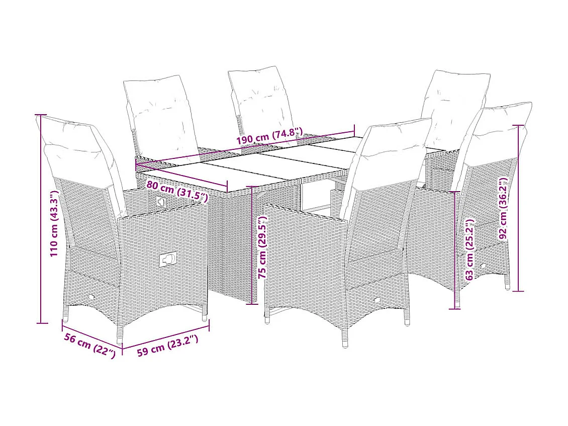 Set Bistrò da Giardino 7 pz con Cuscini in Polyrattan Grigio