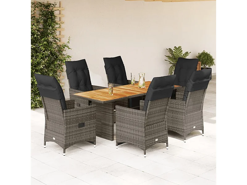 Set Bistrò da Giardino 7 pz con Cuscini in Polyrattan Grigio