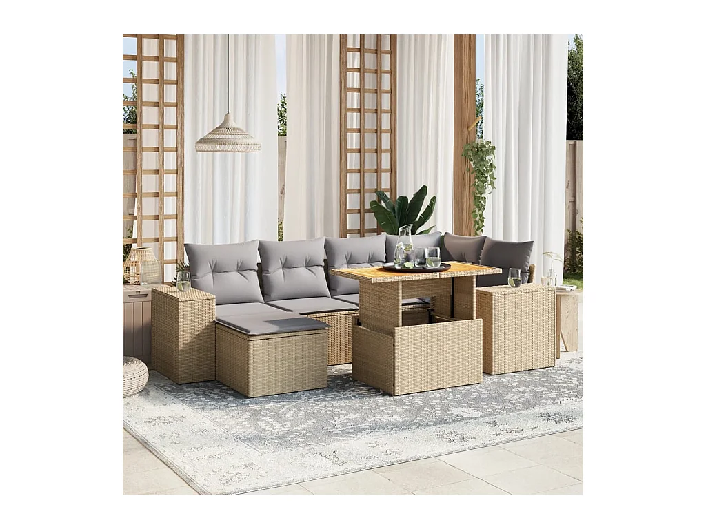 Salon de jardin avec coussins 7 pcs beige résine tressée