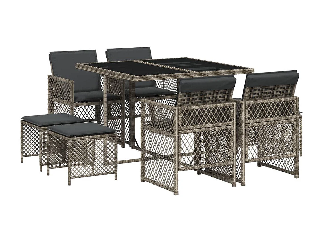 9-tlg. Garten-Essgruppe mit Kissen Grau Poly Rattan