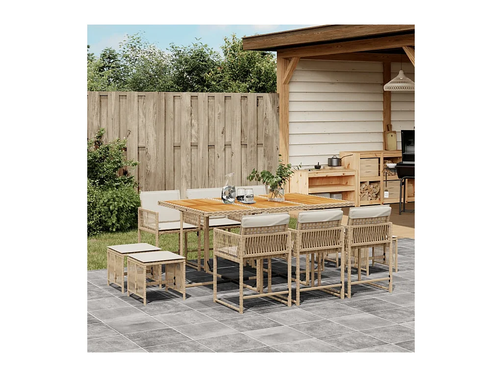 Ensemble à manger de jardin et coussins 11 pcs beige poly rotin
