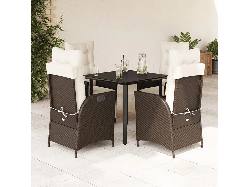 Set da Pranzo da Giardino 5pz con Cuscini in Polyrattan Marrone