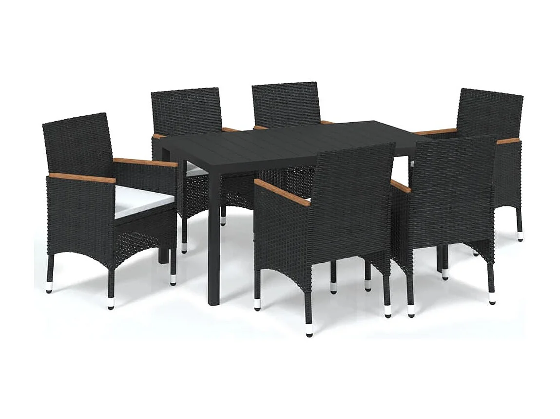 7-tlg. Garten-Essgruppe mit Kissen Poly Rattan Schwarz