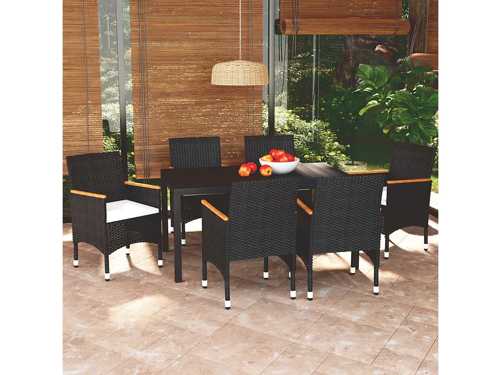 Ensemble à manger de jardin coussins 7pcs Résine tressée Noir