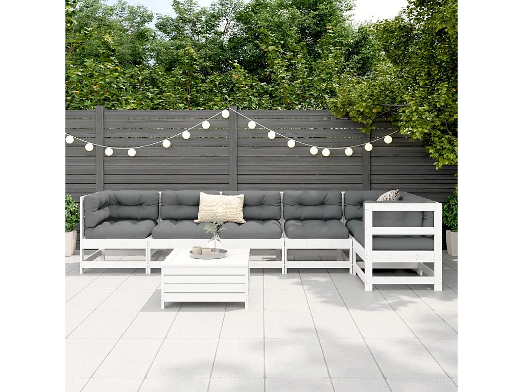 Salon de jardin 7 pcs blanc bois de pin massif