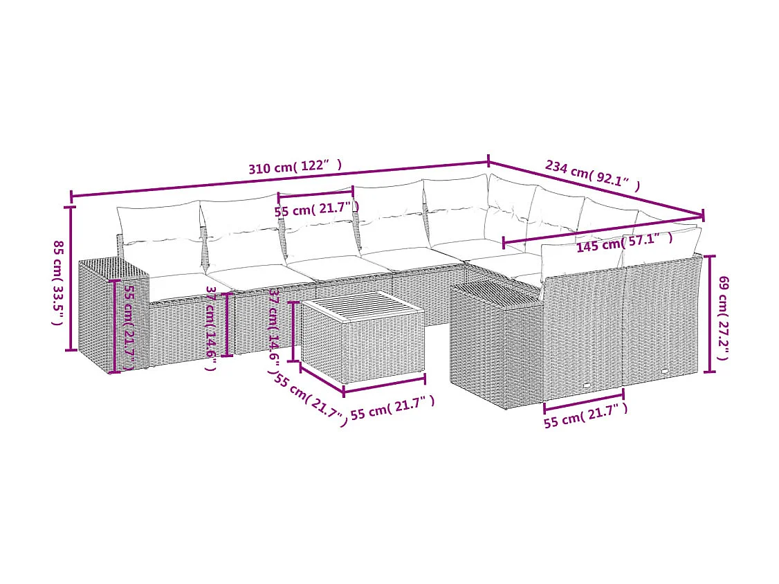 10-delige Loungeset met kussens poly rattan zwart