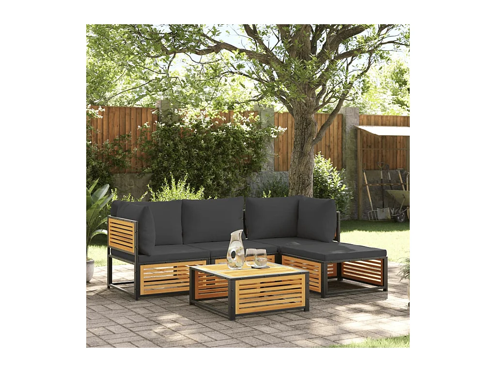 Salon de jardin avec coussins 5 pcs Bois d'acacia solide