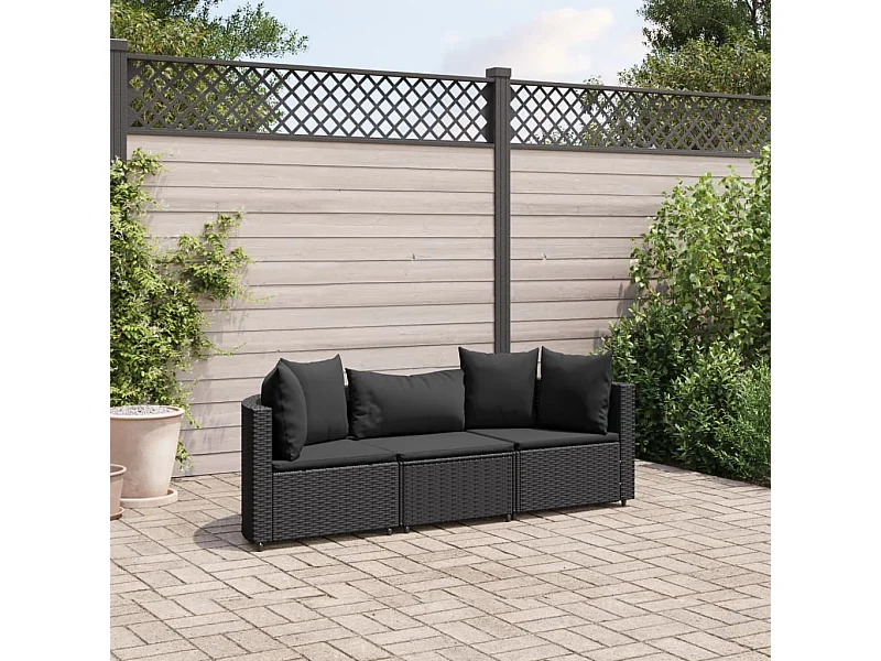 Salon de jardin 3 pcs avec coussins noir résine tressée