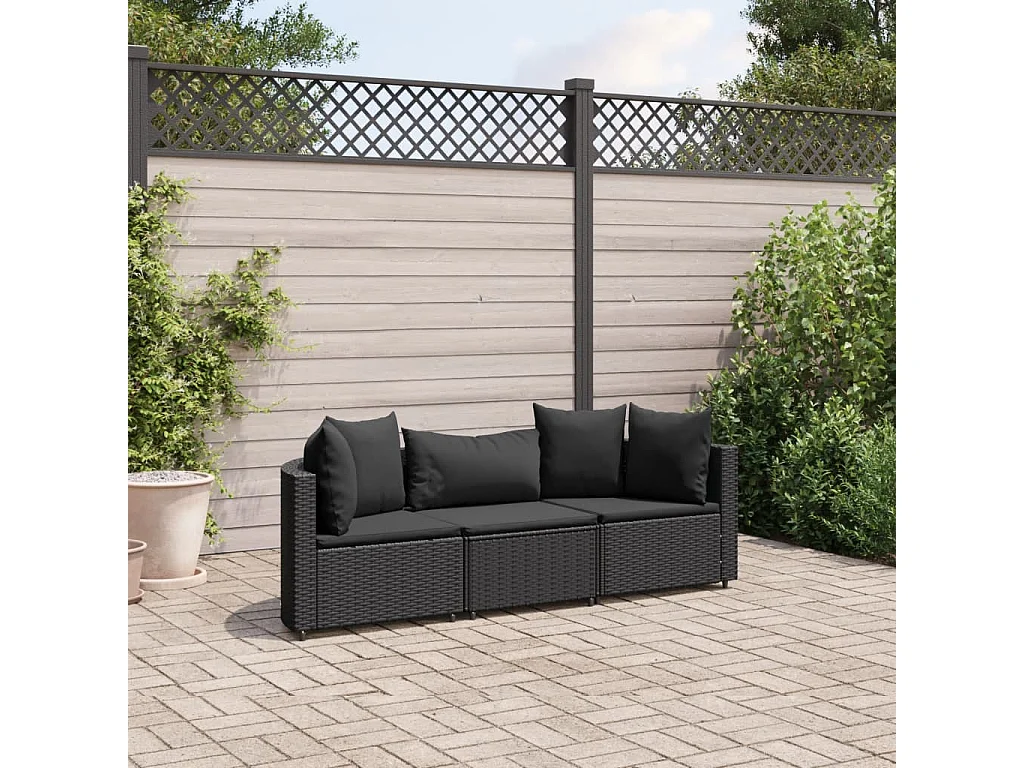 Salon de jardin 3 pcs avec coussins noir résine tressée