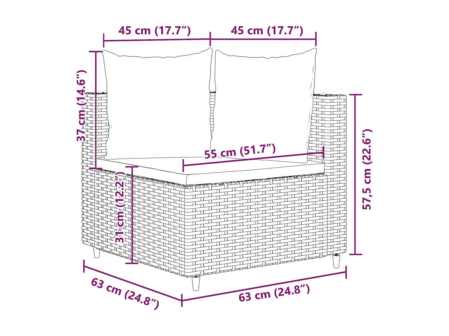 3-delige Loungeset met kussens poly rattan zwart