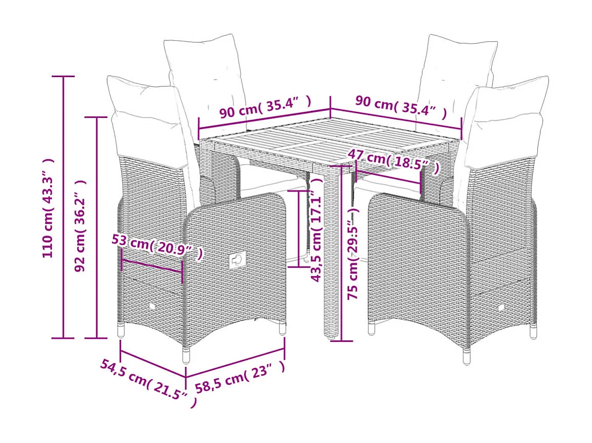 Ensemble de bistro de jardin 5 pcs coussins gris poly rotin