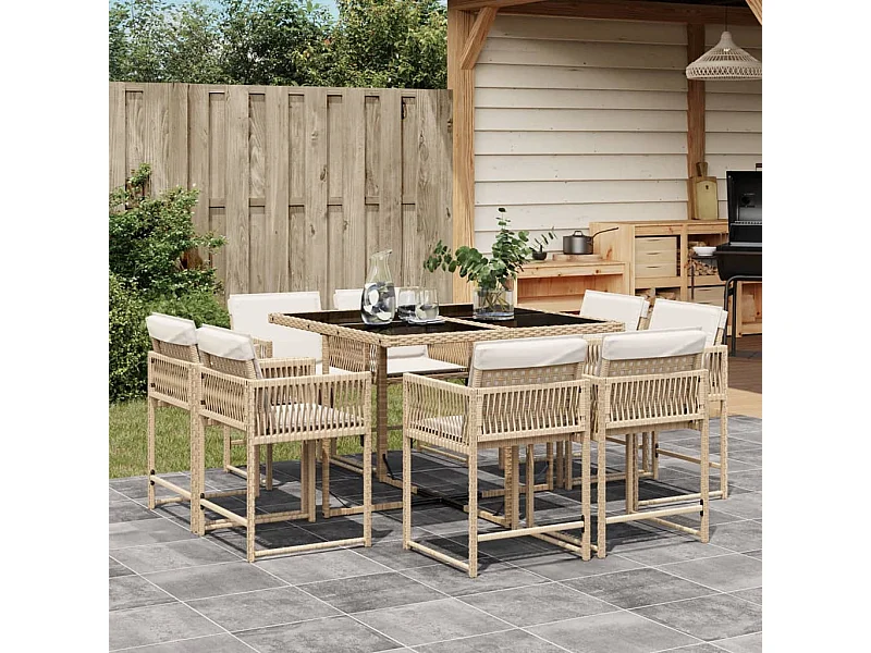 9-tlg. Garten-Essgruppe mit Kissen Beige Poly Rattan