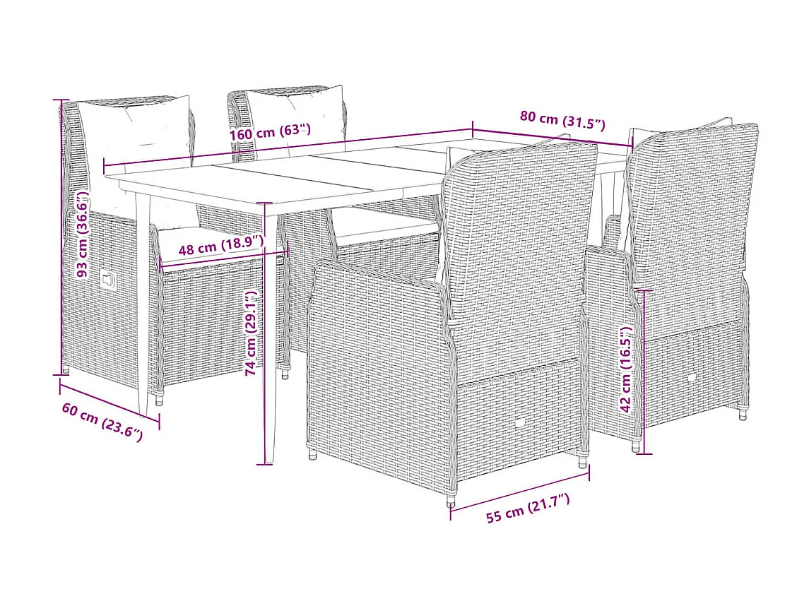 Ensemble à manger de jardin coussins 5pcs Noir Résine tressée