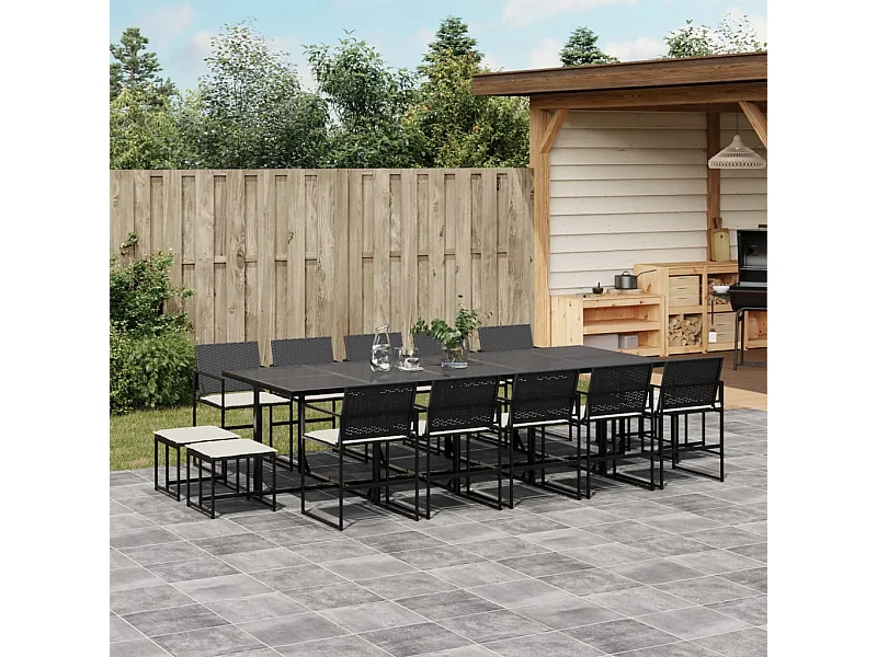 Ensemble à manger de jardin 15 pcs coussins noir résine tressée