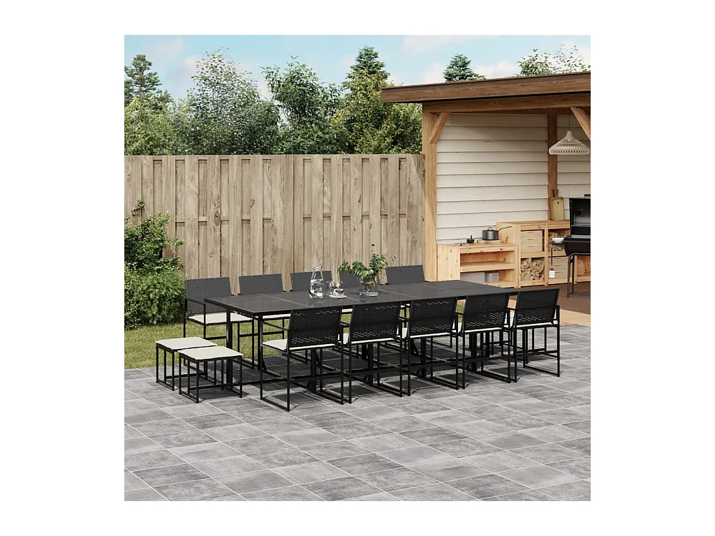 Set da Pranzo da Giardino 15 pz con Cuscini Nero in Polyrattan