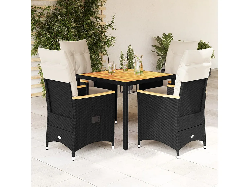 5 pcs conjunto de jantar p/ jardim c/ almofadões vime PE preto