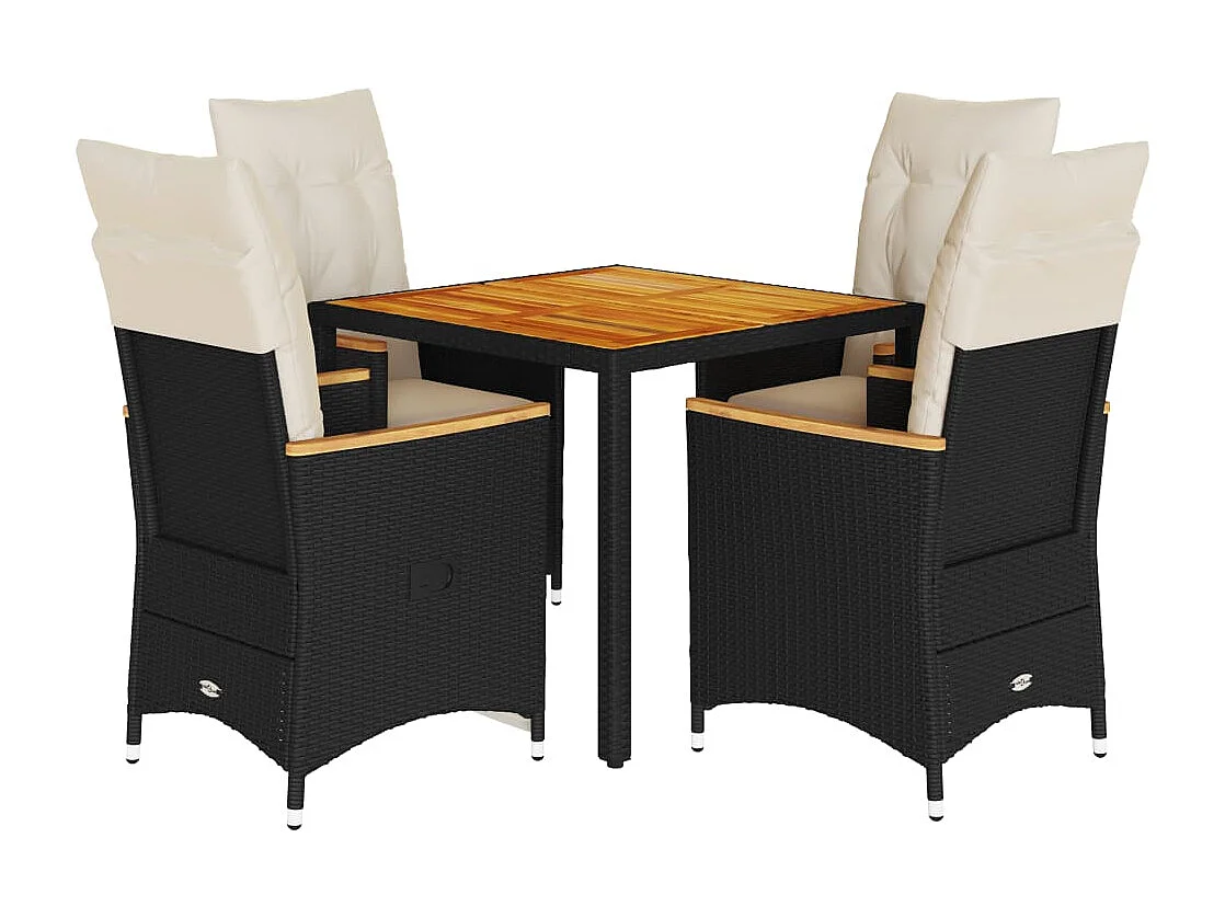 5 pcs conjunto de jantar p/ jardim c/ almofadões vime PE preto