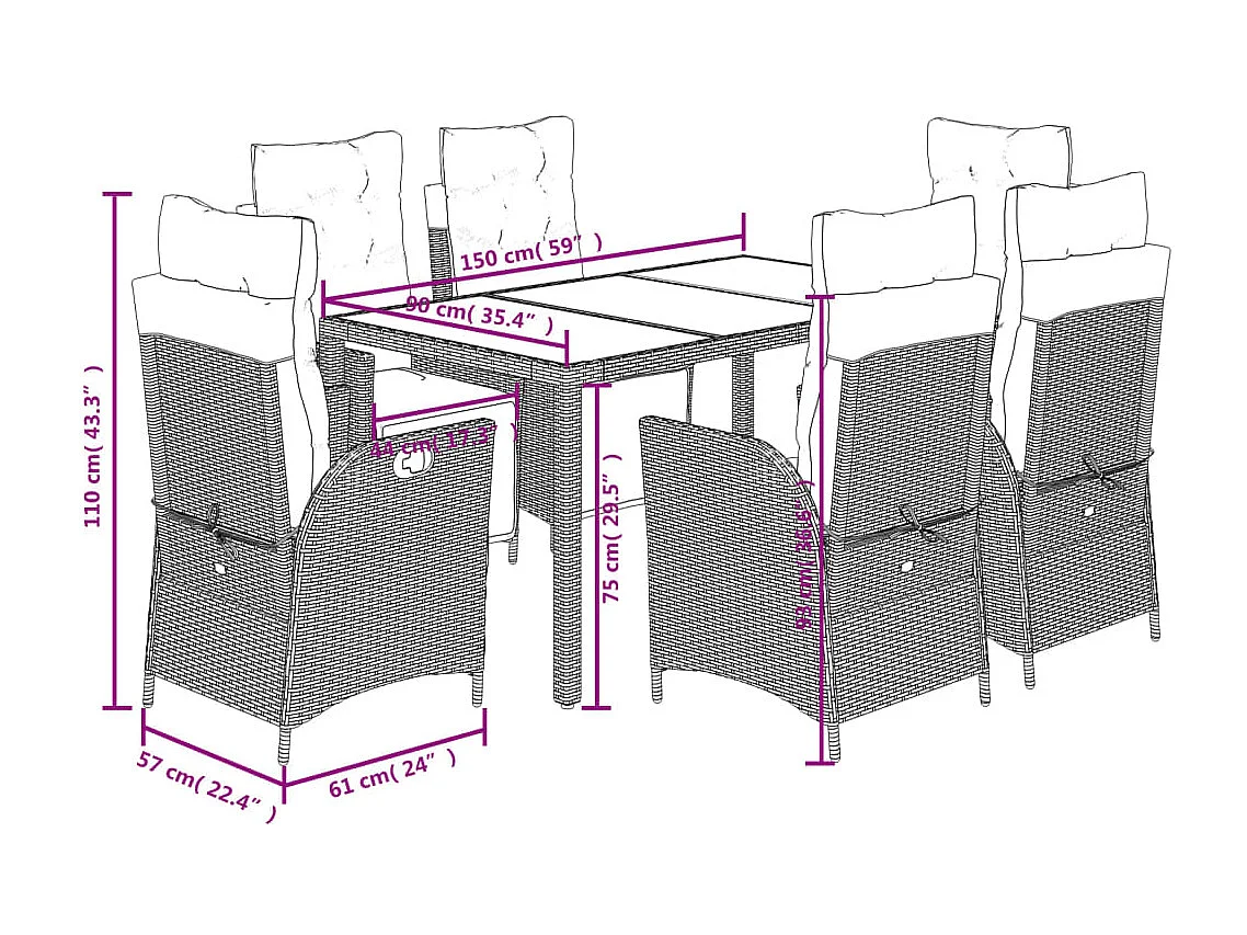 Ensemble à manger de jardin coussins 7pcs Noir Résine tressée
