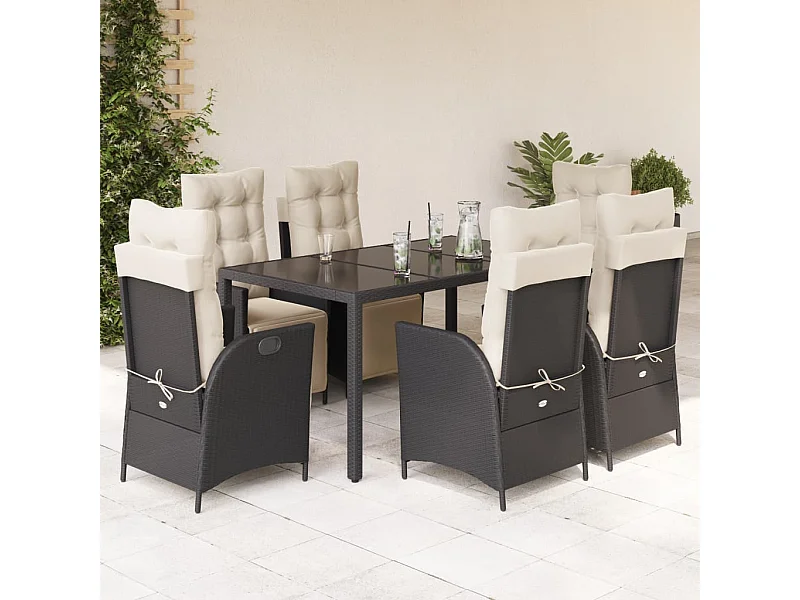 7 pcs conjunto de jantar p/ jardim c/ almofadões vime PE preto