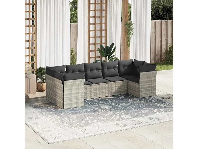 7-tlg. Garten-Sofagarnitur mit Kissen Hellgrau Poly Rattan