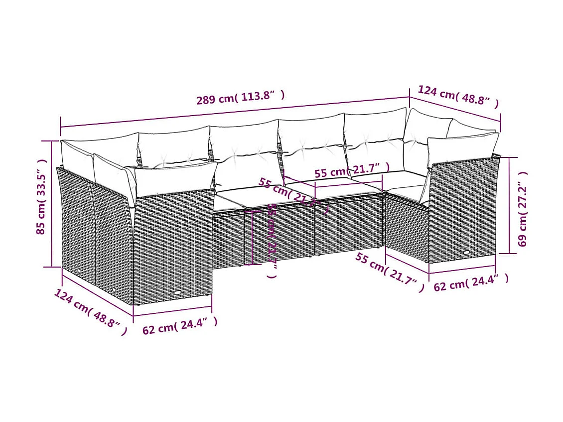 Salon de jardin avec coussins 7 pcs gris clair résine tressée