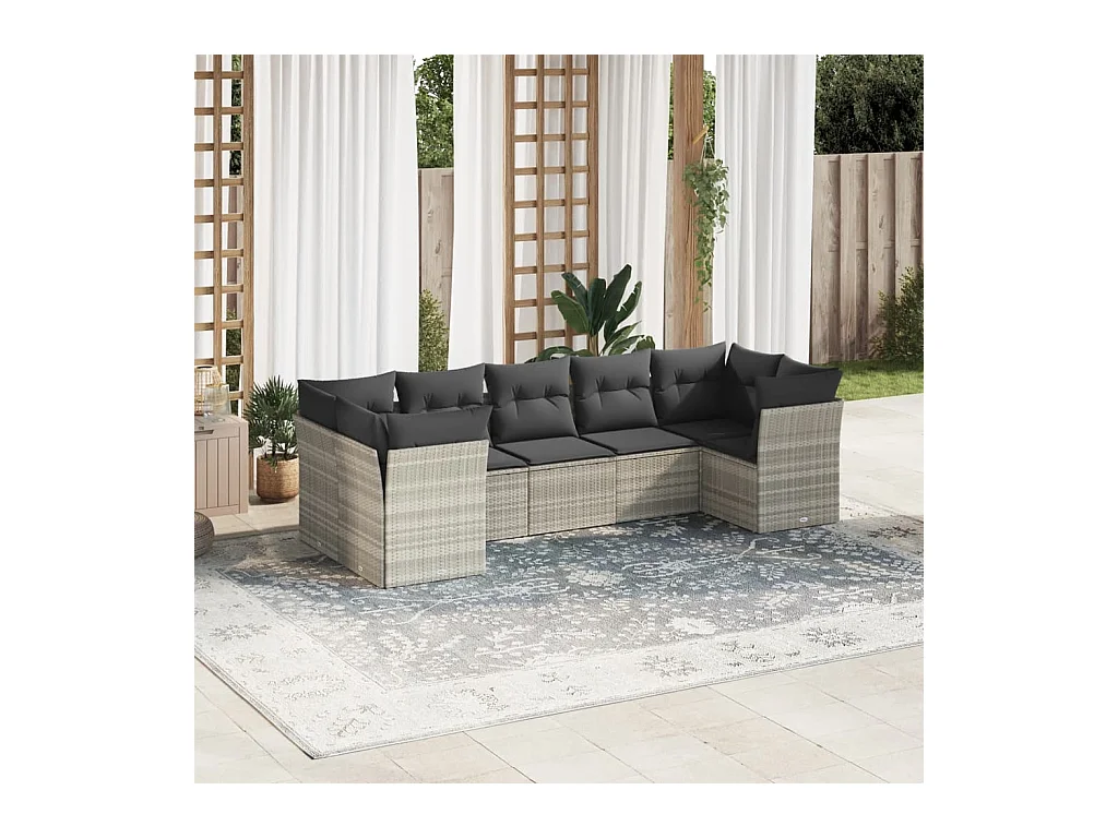 Set Divani da Giardino 7pz con Cuscini Grigio Chiaro Polyrattan