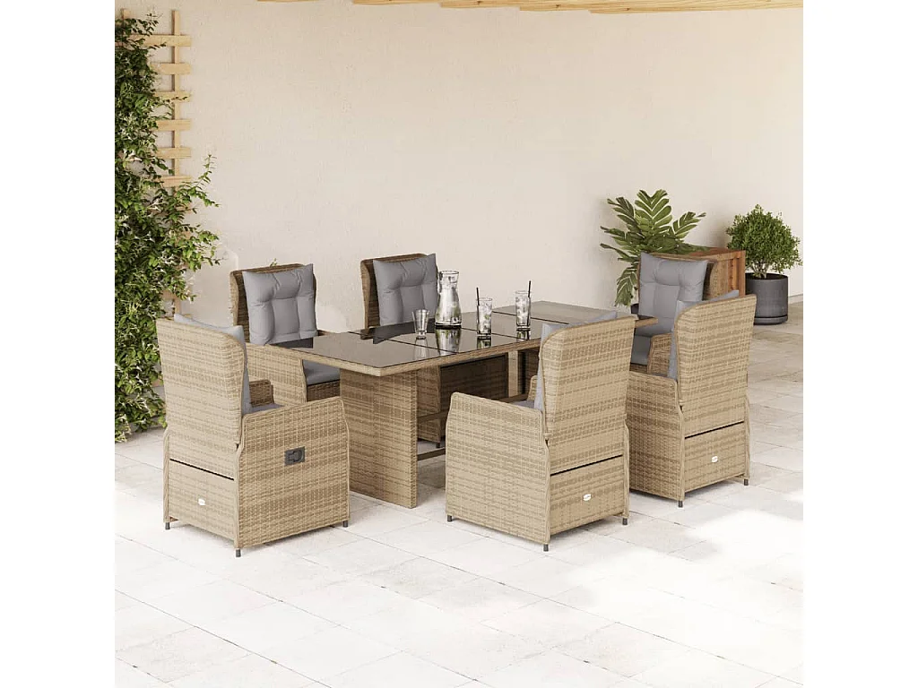Ensemble à manger de jardin et coussins 7 pcs beige poly rotin