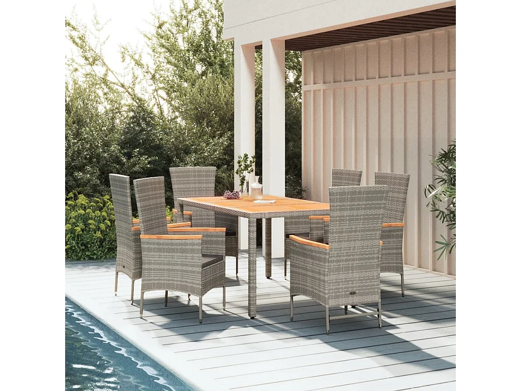 Ensemble à manger de jardin et coussins 7 pcs gris rotin