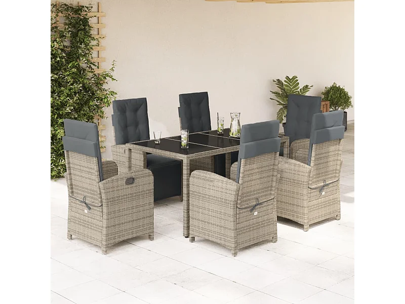 Set comedor jardín 7 pzas y cojines ratán sintético gris