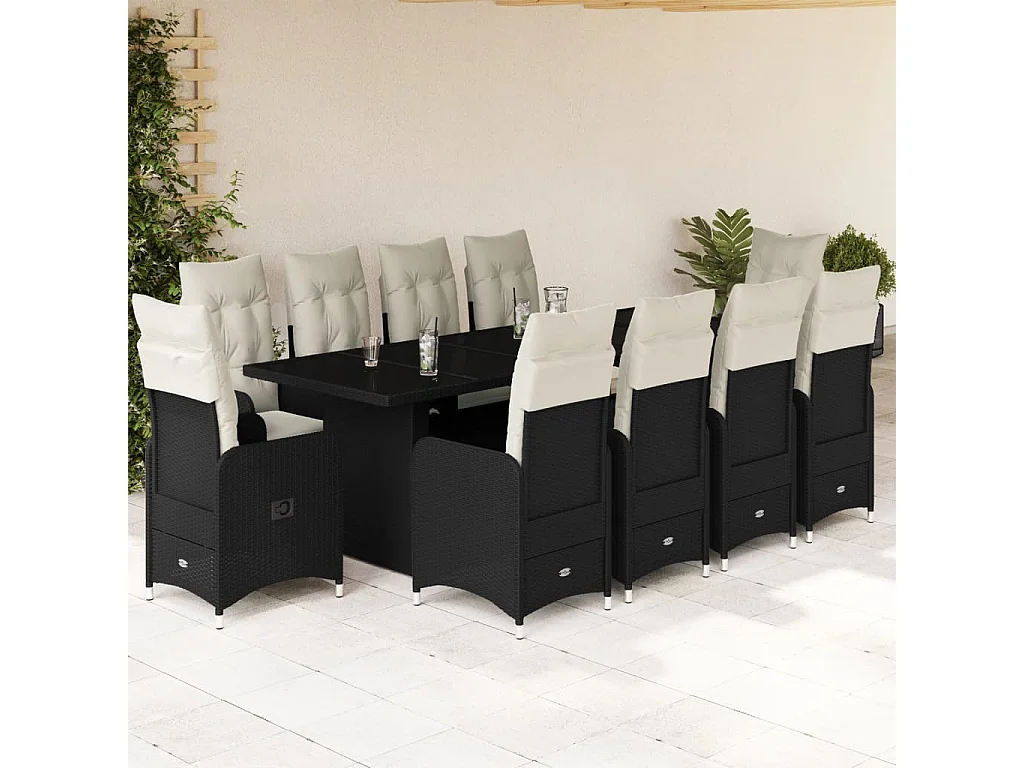 Set da Bistrò da Giardino 11 pz con Cuscini Nero in Polyrattan