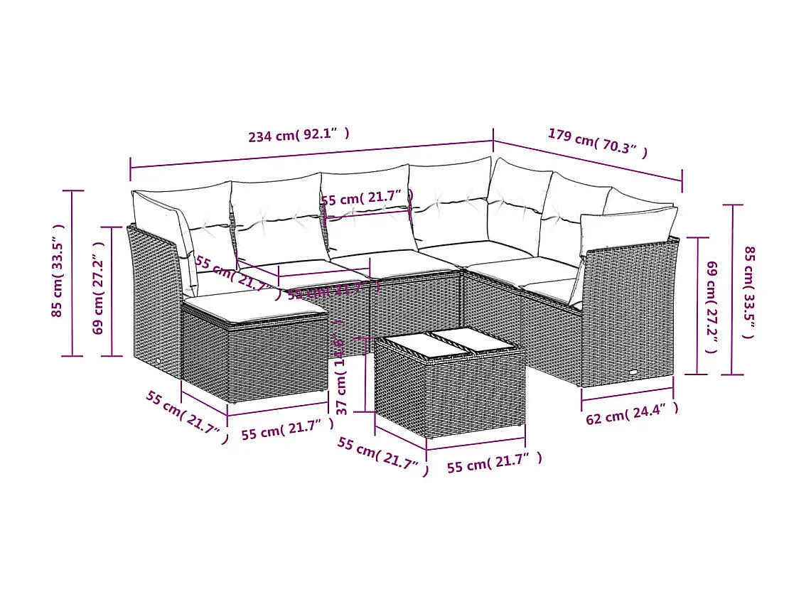 8 pcs conjunto sofás de jardim c/ almofadões vime PE cinzento