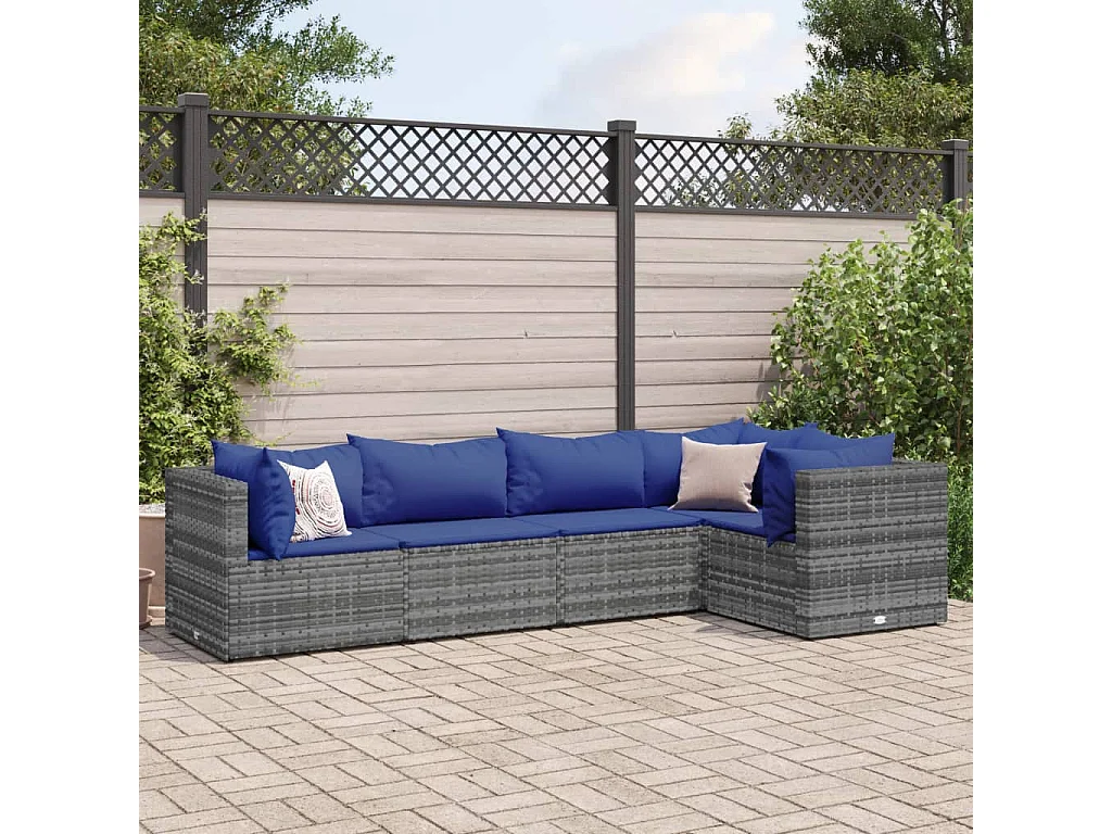 Salon de jardin 5 pcs avec coussins Gris Résine tressée
