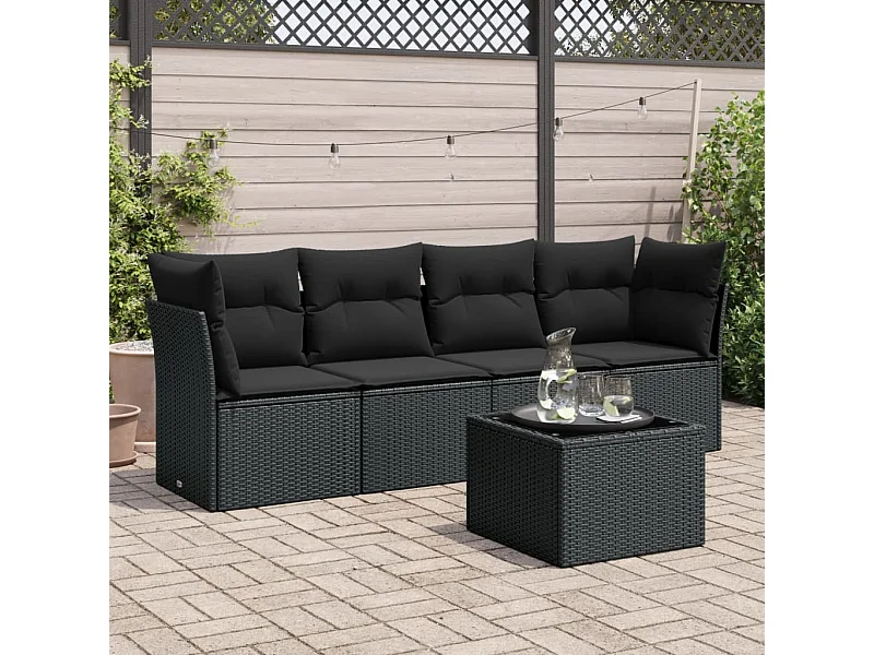 5-delige Loungeset met kussens poly rattan zwart