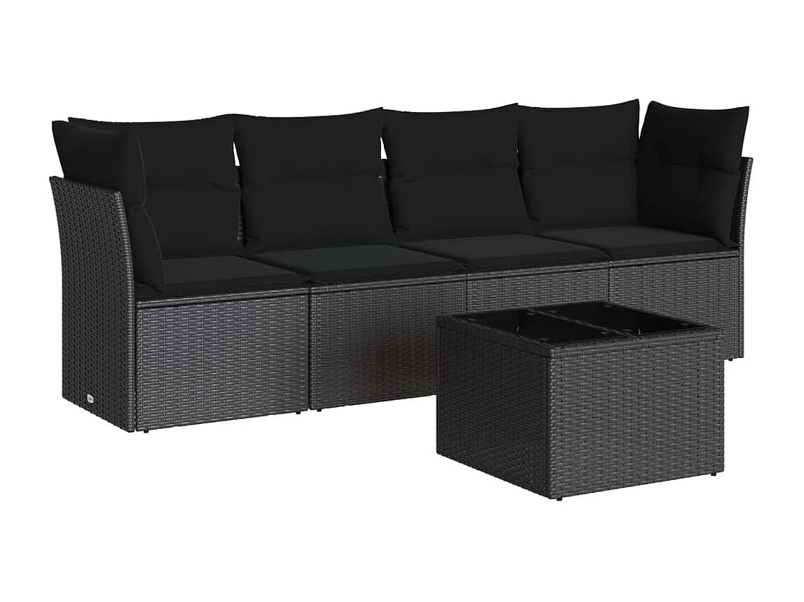 Salon de jardin 5 pcs avec coussins noir résine tressée