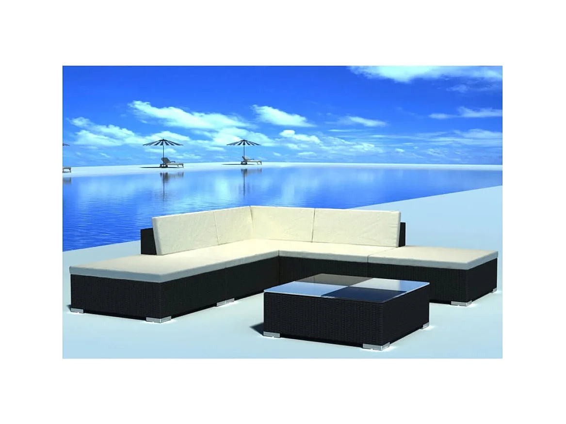6-delige Loungeset met kussens poly rattan zwart