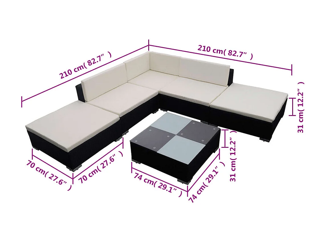 Salon de jardin 6 pcs avec coussins résine tressée noir