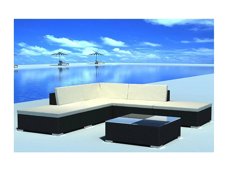 Salon de jardin 6 pcs avec coussins résine tressée noir