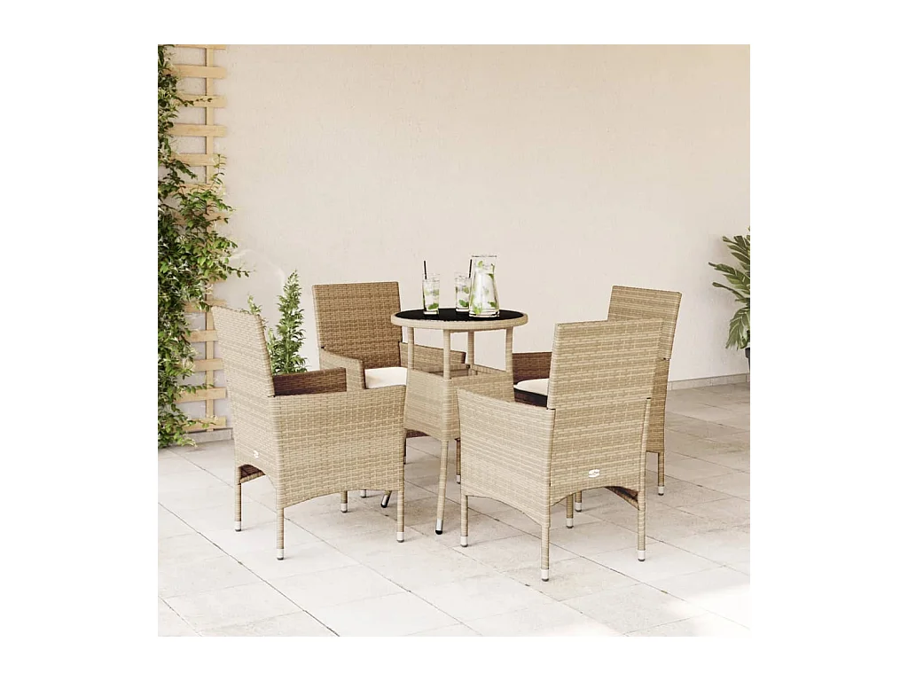 Ensemble à manger de jardin et coussins 5 pcs beige rotin verre
