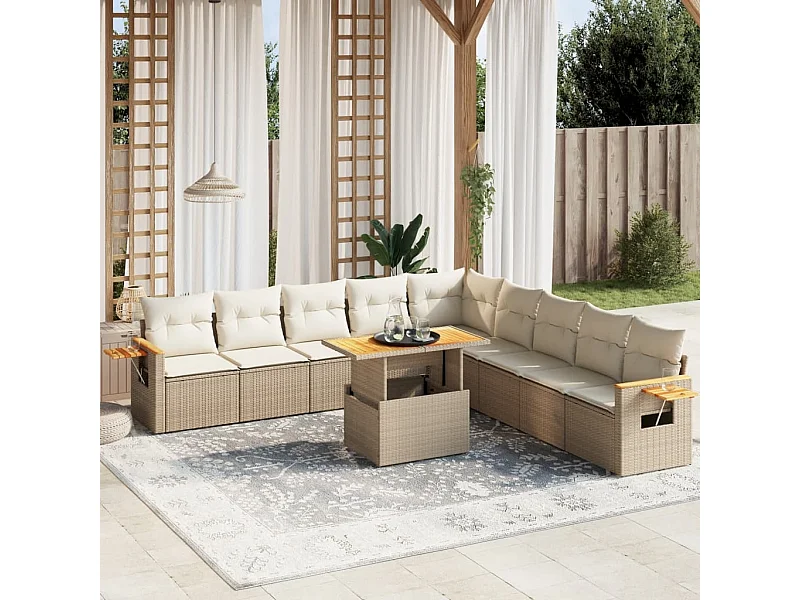 11-tlg. Garten-Sofagarnitur mit Kissen Beige Poly Rattan