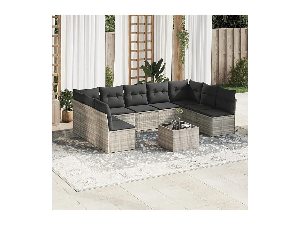 Salon de jardin avec coussins 10 pcs gris clair résine tressée