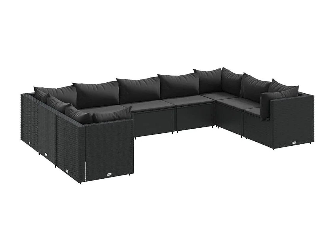 9-delige Loungeset met kussens poly rattan zwart